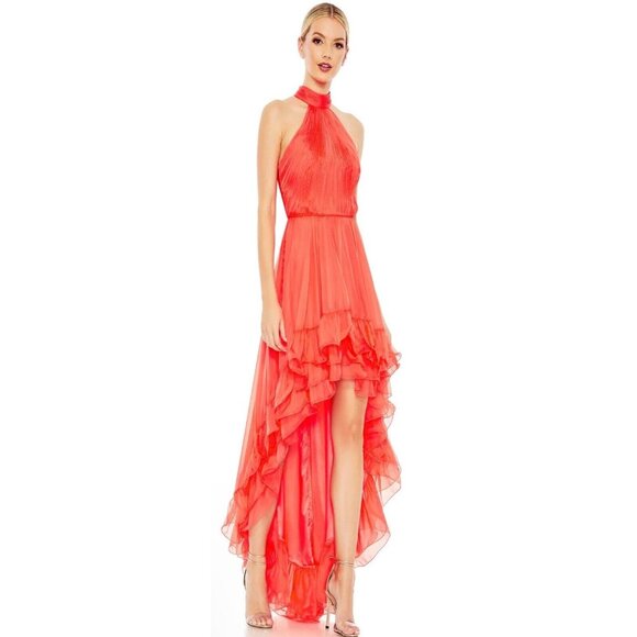 Ieena Mac Duggal Tangerine Orange Halter Neck High Low Chiffon Gown Dress 2 $398